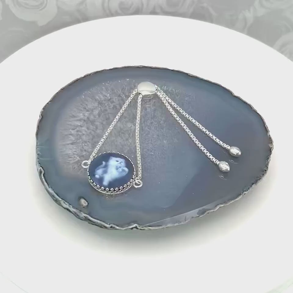 Sterling Silver Cat Cameo Adjustable Bracelet, Authentic Blue Agate Cameo Jewelry, Unique Silver Bolo Bracelet for Women