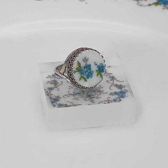 Blue Forget Me Nots Flower Ring, Vintage China Jewelry, Gift for Mom, Unique Handmade Broken China Jewelry, Adjustable Ring