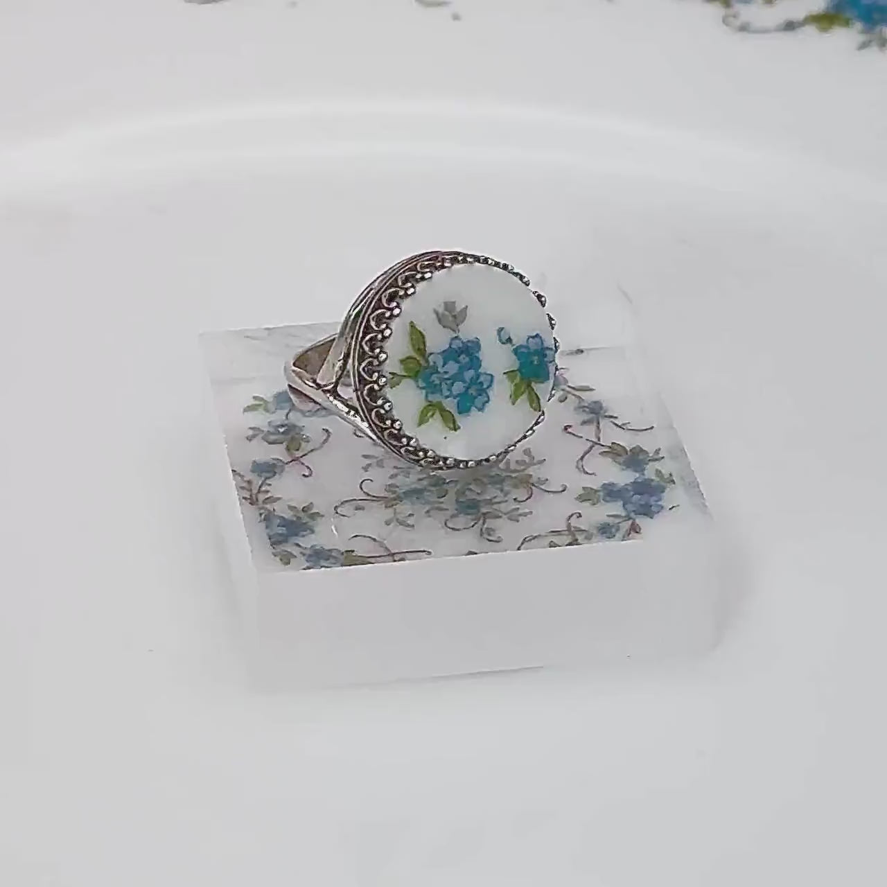 Blue Forget Me Nots Flower Ring, Vintage China Jewelry, Gift for Mom, Unique Handmade Broken China Jewelry, Adjustable Ring