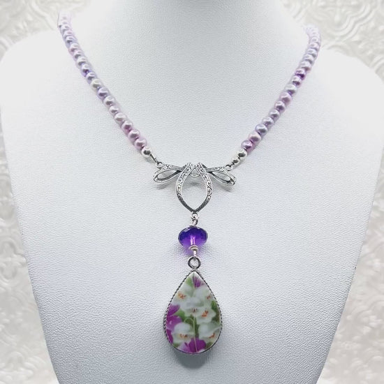 One-of-a-Kind Pearl & Amethyst Necklace, Porcelain 18th Wedding Anniversary Gift for Wife, Lily of the Valley