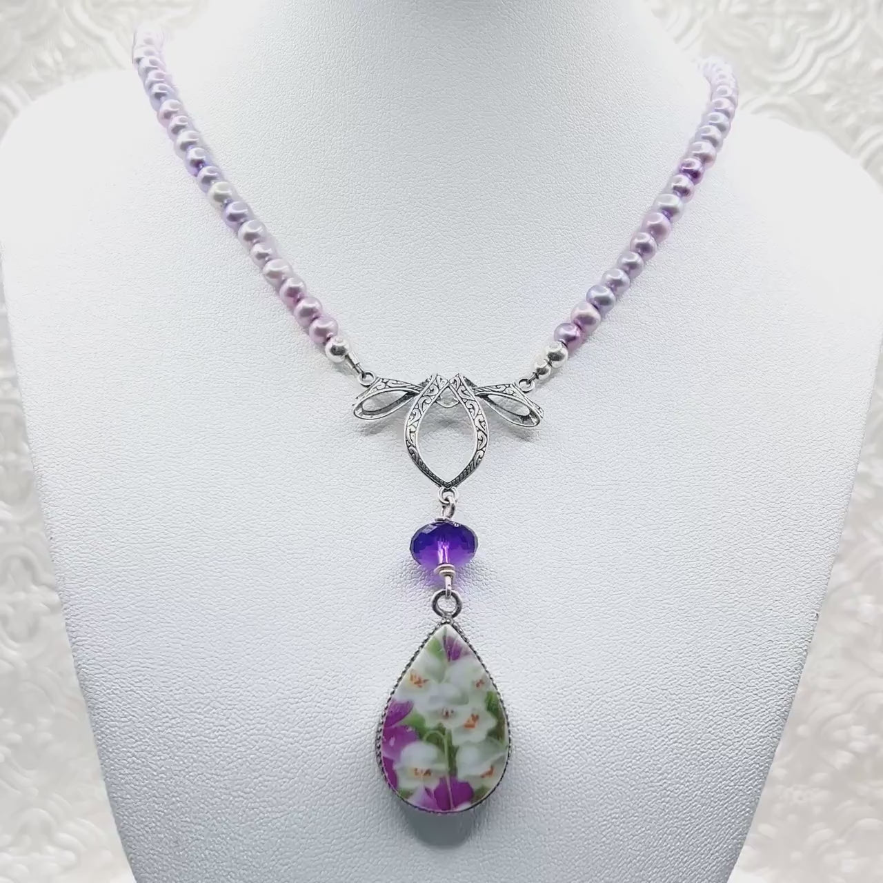 One-of-a-Kind Pearl & Amethyst Necklace, Porcelain 18th Wedding Anniversary Gift for Wife, Lily of the Valley