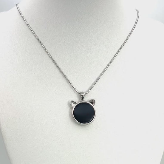 Black Onyx Cat Necklace, Sterling Silver Cat Jewelry, Gift for Cat Lover or Cat Mom