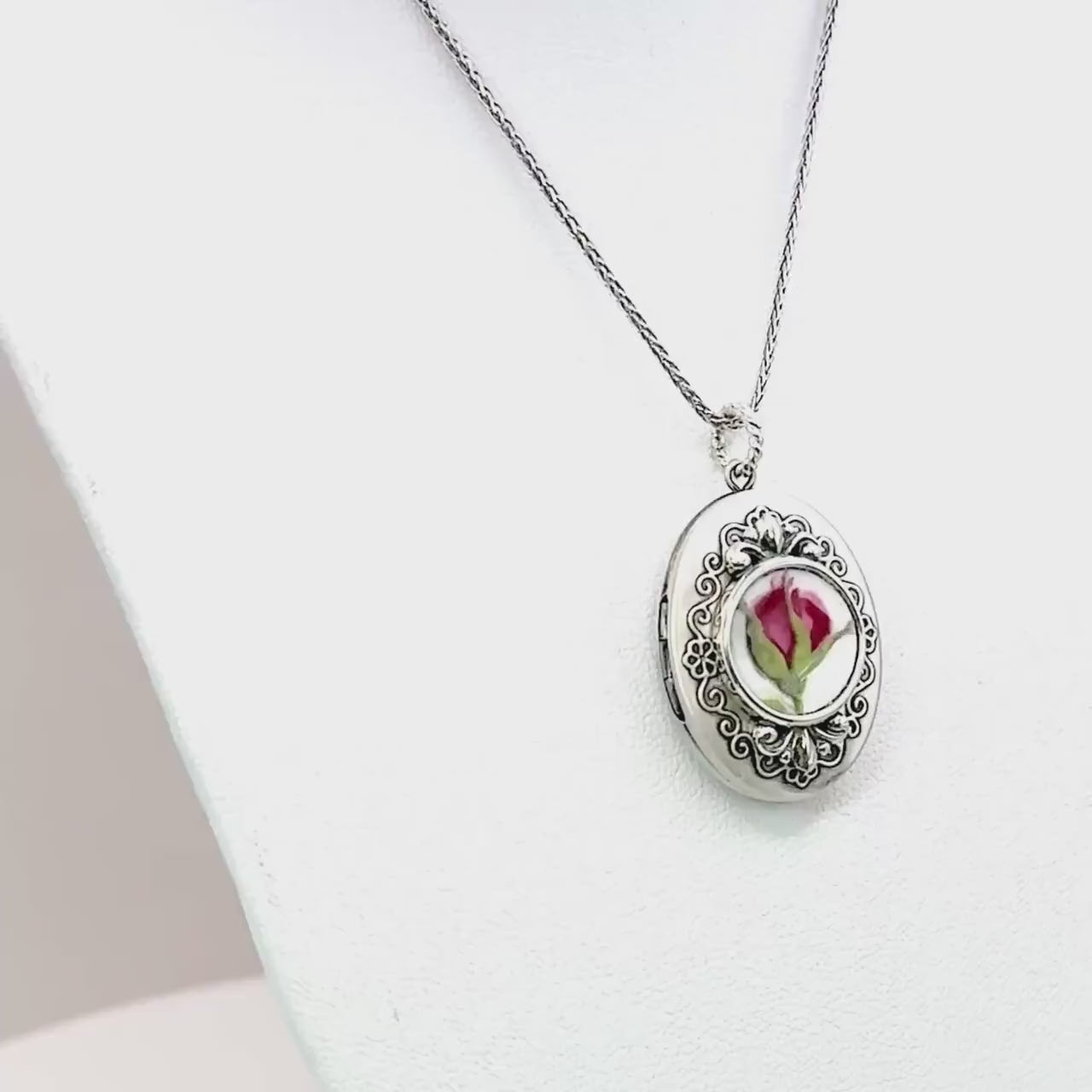 Old Country Roses Photo Locket Necklace, 20th Anniversary Keepsake Gifts for Wife, Sterling Silver Broken China Jewelry