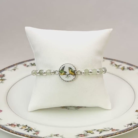 Unique 18th Anniversary Gift for Wife, Sterling Silver and Jade, Love Birds Bracelet, Antique Porcelain, Bird Jewelry, Broken China Jewelry