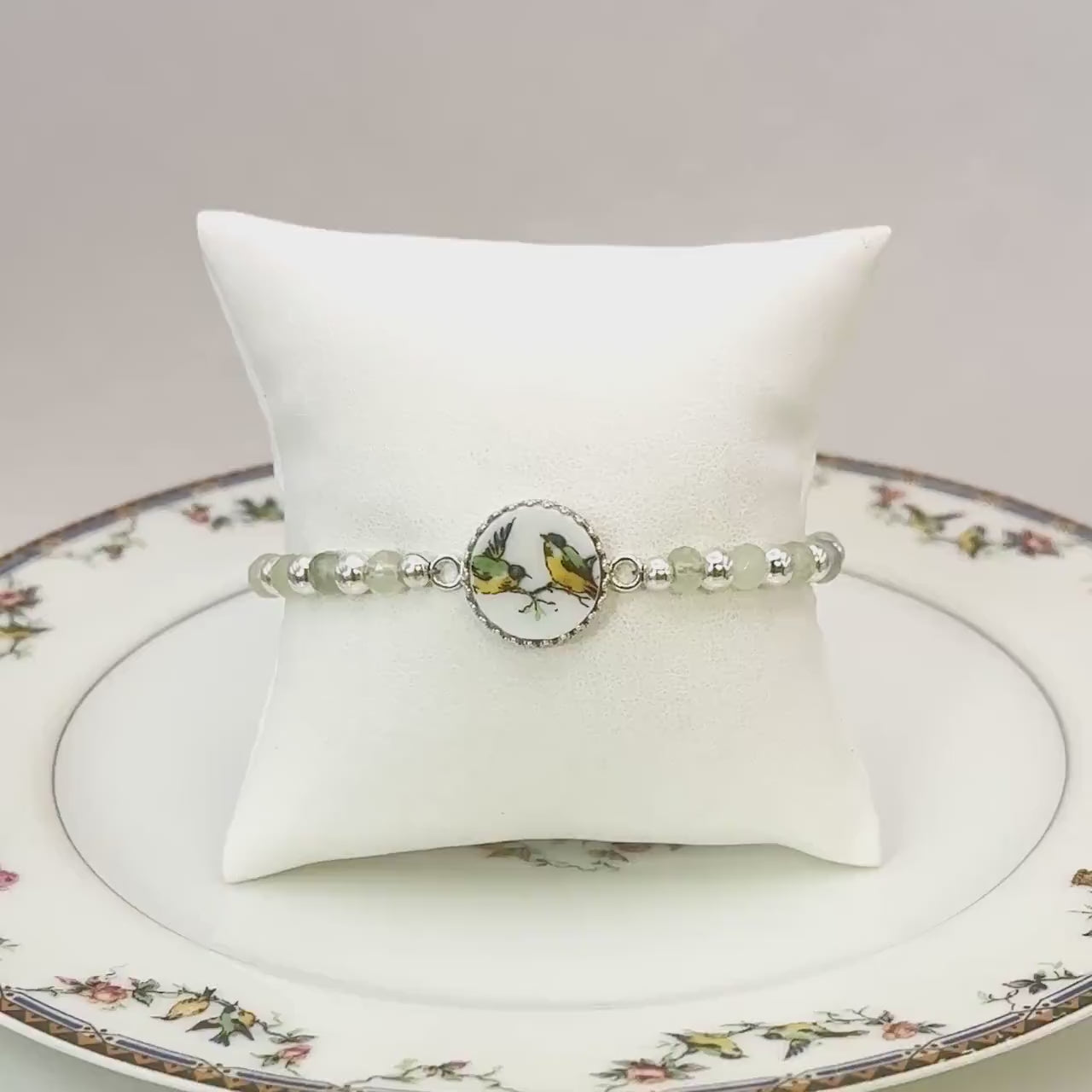 Unique 18th Anniversary Gift for Wife, Sterling Silver and Jade, Love Birds Bracelet, Antique Porcelain, Bird Jewelry, Broken China Jewelry