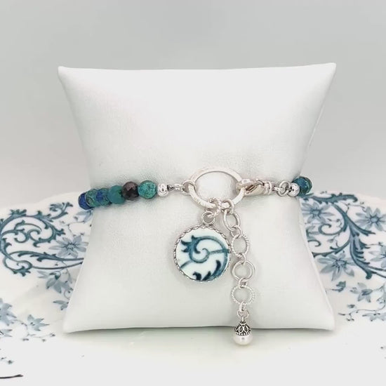 Adjustable Turquoise Charm Bracelet, Porcelain 18th Anniversary Gifts, Sterling Silver