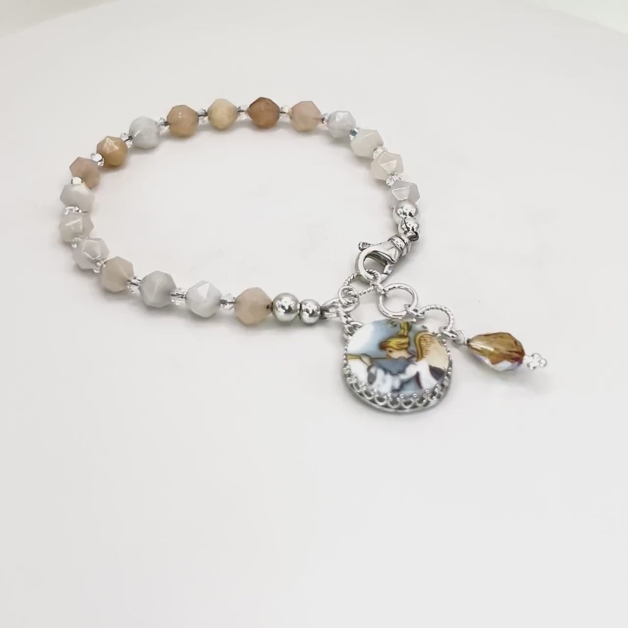 Adjustable Angel Charm Bracelet, Broken China Jewelry, Sterling Silver and Jasper