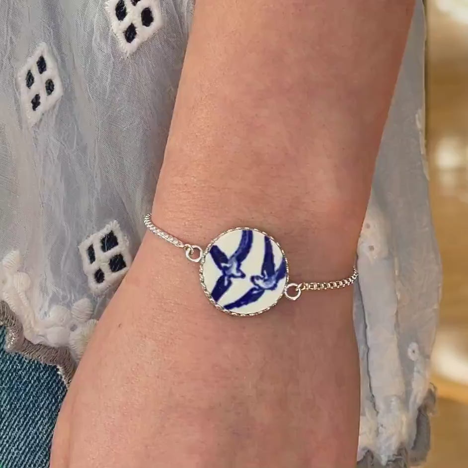 Blue Willow Love Birds Adjustable Bracelet, Sterling Silver, Unique 20th Anniversary Gifts for Women, Broken China Jewelry