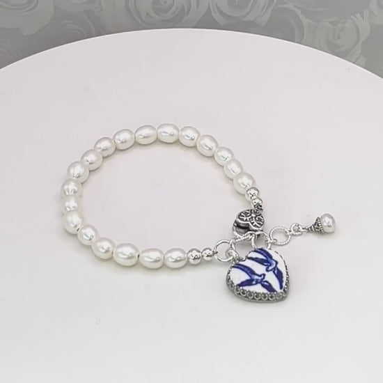 20th Anniversary Gift for Wife, Love Birds Pearl Bracelet, Blue Willow Broken China Jewelry, Unique Gifts for Women