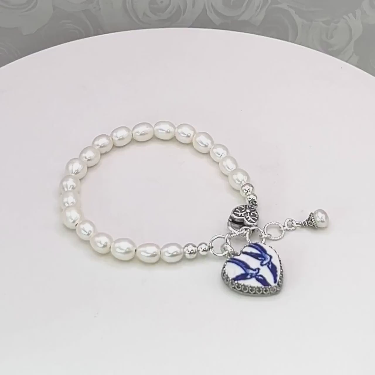 20th Anniversary Gift for Wife, Love Birds Pearl Bracelet, Blue Willow Broken China Jewelry, Unique Gifts for Women