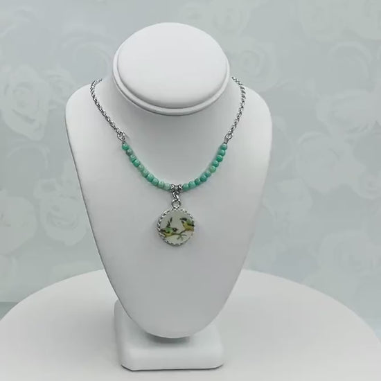 20th Anniversary Dainty Love Birds Necklace, Sterling Silver French Limoges China Jewelry, Gift for Wife