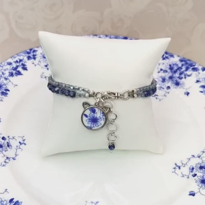 Gemstone Cat Bracelet, Shelley Broken China Jewelry, Gift for Cat Mom/Cat Lover/Cat Sitter