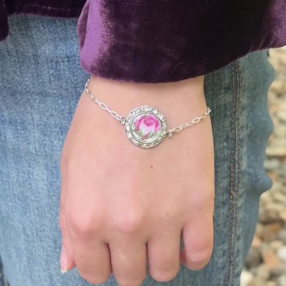 Pink Crystal Dainty Rose Charm Bracelet, Sterling Adjustable Charm Bracelet, Floral Modern Crystal Bracelet