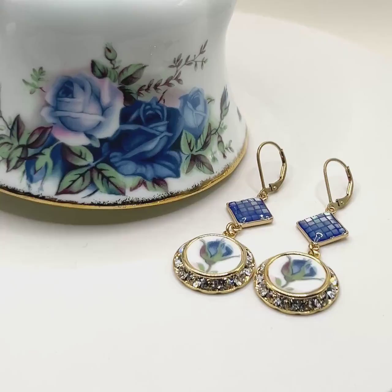 20th Anniversary Gift for Wife, Gold Crystal Earrings, Royal Albert Moonlight Rose, Gold Filled Lever Back Earwires