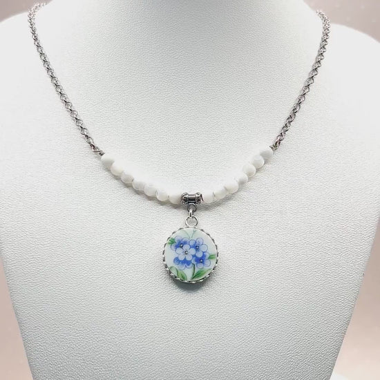 Vintage Porcelain Forget Me Not Necklace, 18th Anniversary Gift for Wife, Mother of Pearl Jewelry