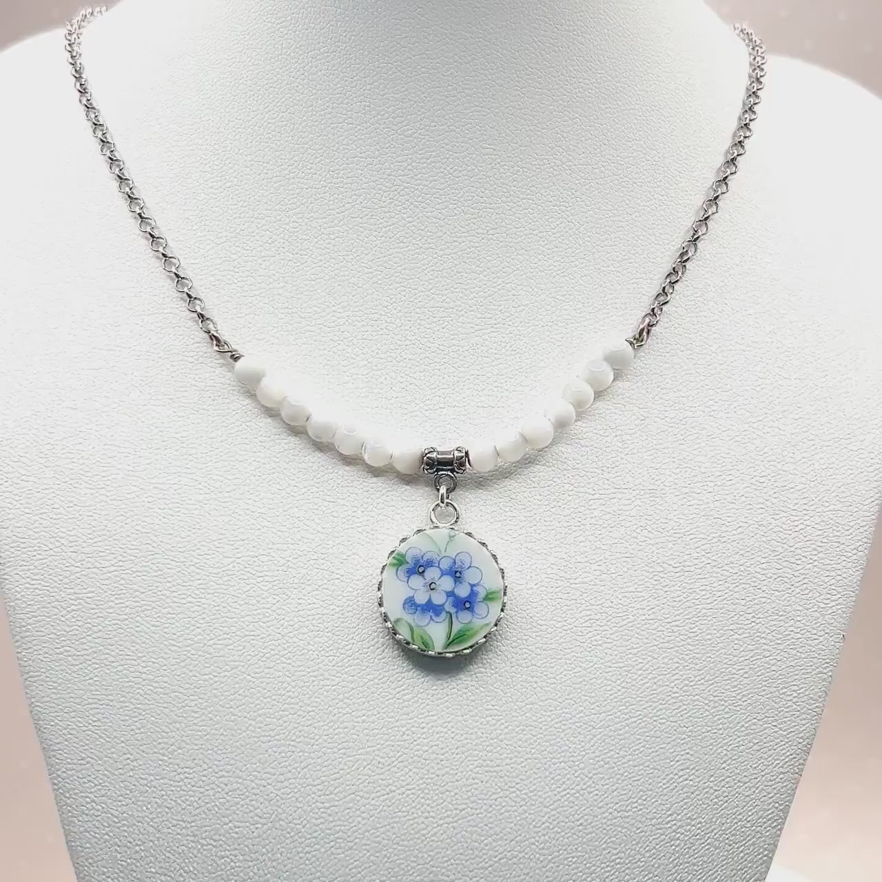 Vintage Porcelain Forget Me Not Necklace, 18th Anniversary Gift for Wife, Mother of Pearl Jewelry