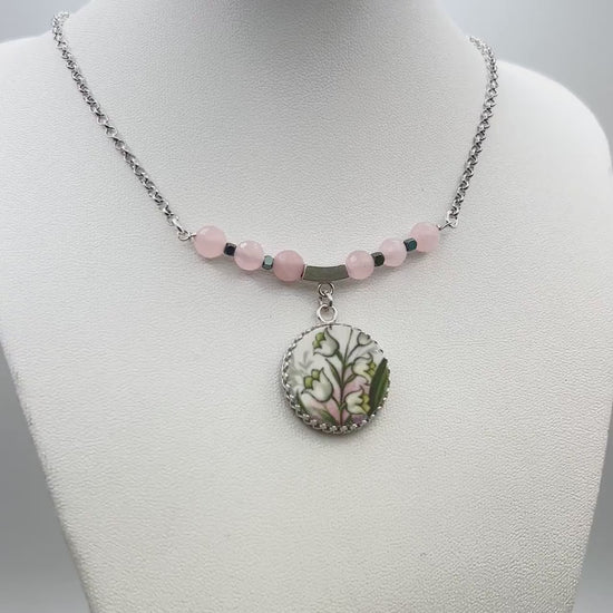 One-of-a-Kind Porcelain Necklace, 18th Anniversary Gift for Wife, Sterling Silver Lily of the Valley Jewelry