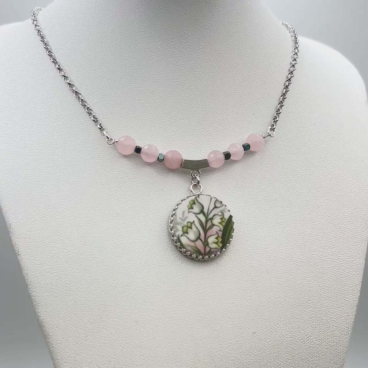 One-of-a-Kind Porcelain Necklace, 18th Anniversary Gift for Wife, Sterling Silver Lily of the Valley Jewelry