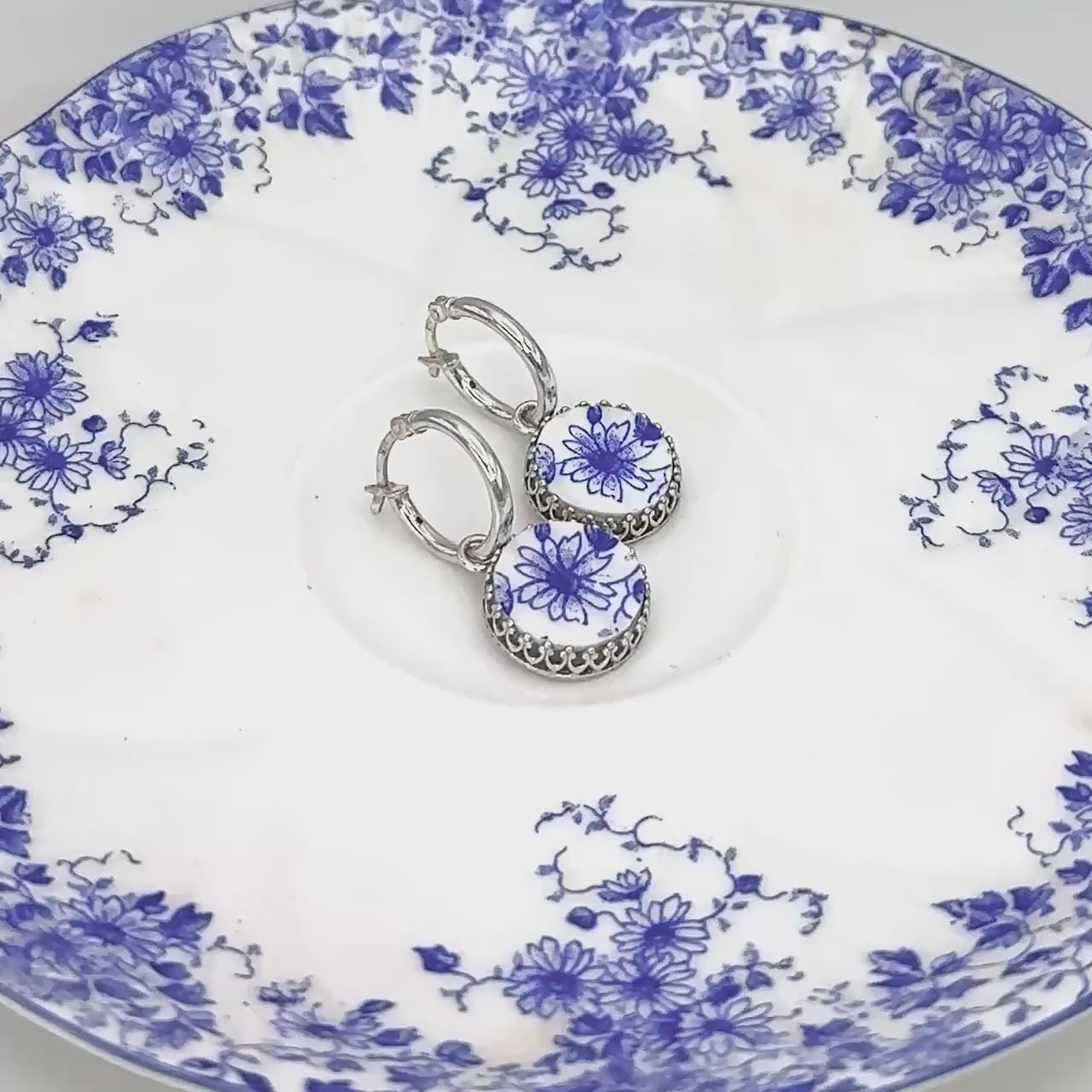 Unique 20th Anniversary China Gift for Wife, Dainty Sterling Silver Hoop Earrings, Shelley China, Daisy Broken China Jewelry, Gift for Her