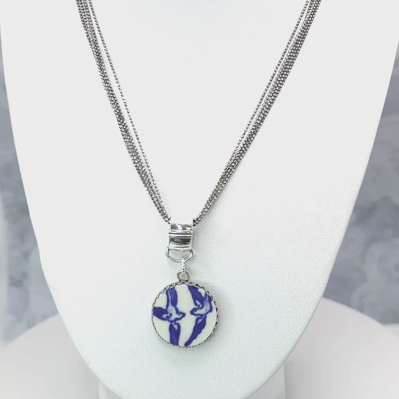 Romantic 20th Anniversary Gifts for Wife, Love Birds Necklace, Vintage Blue Willow Broken China Jewelry, Sterling Silver