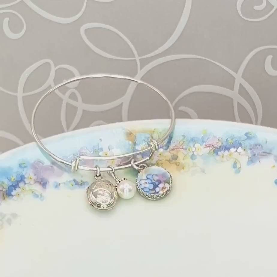 Sterling Silver Forget Me Not Bracelet, Bridal Locket Bracelet, Broken China Jewelry, Gift for Wife