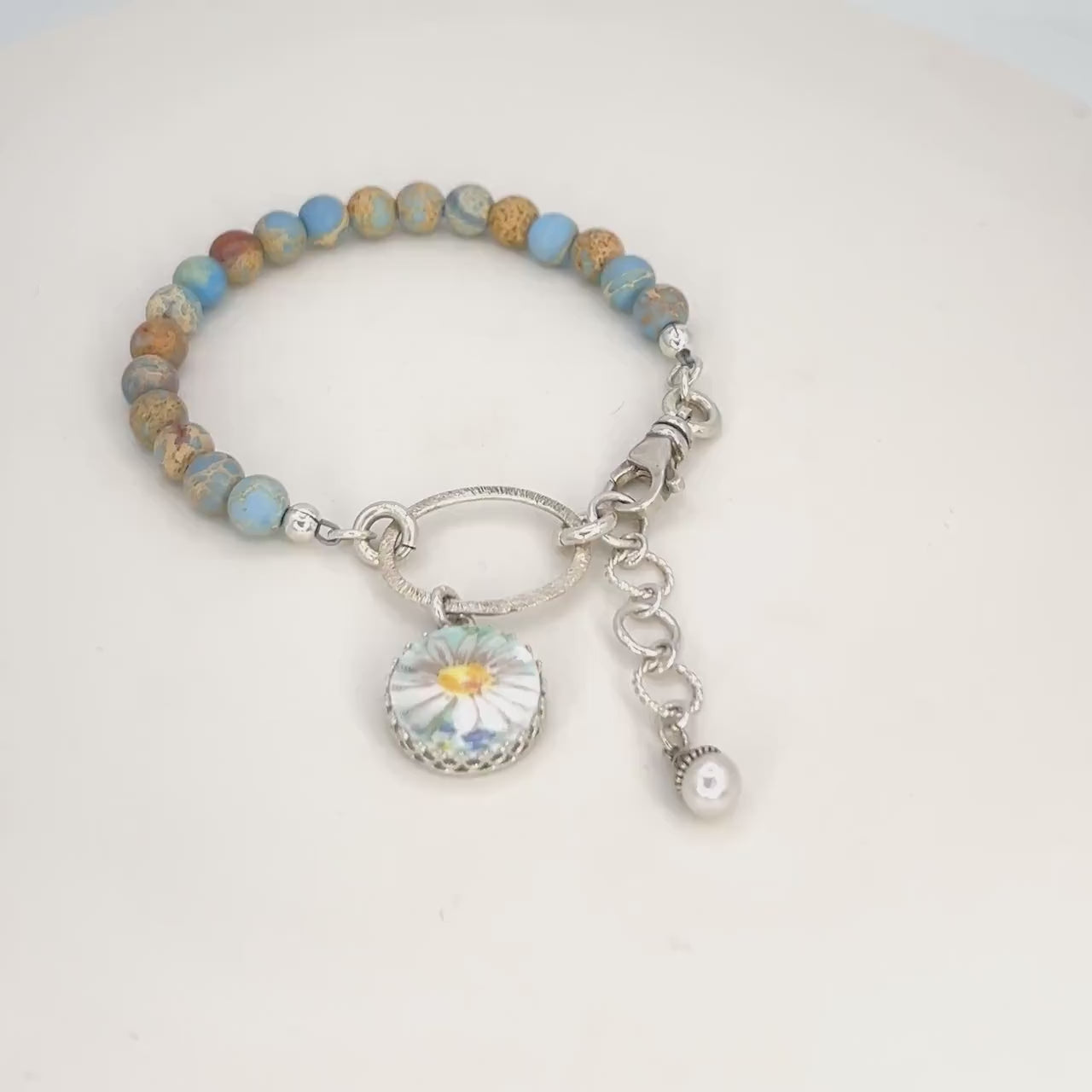 One-of-a-Kind 2nd Anniversary Jewelry Gift for Wife, Natural Jasper Daisy & China Bracelet, Handmade Beaded Gemstone Bracelet
