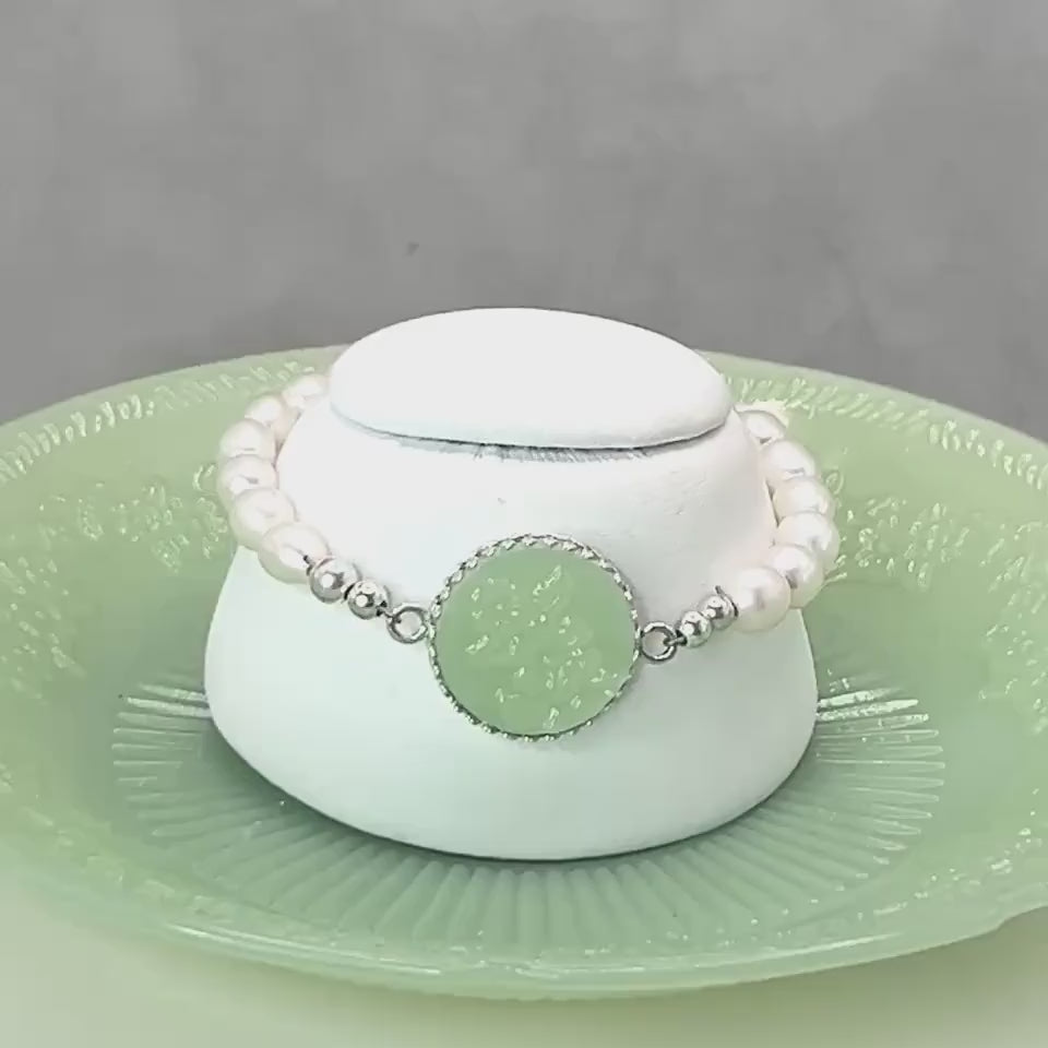 Alice Fire King Jadeite, Freshwater Pearl Bracelet, Vintage Depression Glass, Unique Anniversary Jewelry Gifts for Women