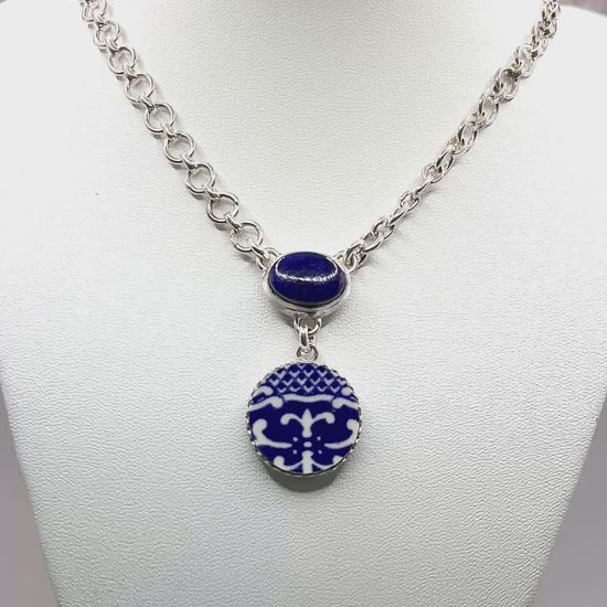 Handmade Blue Willow China Necklace, Vintage Boho Gemstone Necklace, 9th Anniversary Wife Willow Necklace