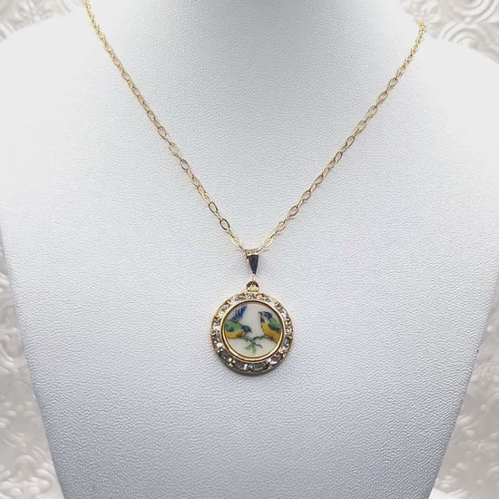 Romantic 18th Anniversary Gift for Wife, Love Birds Crystal Necklace, Dainty Porcelain Jewelry