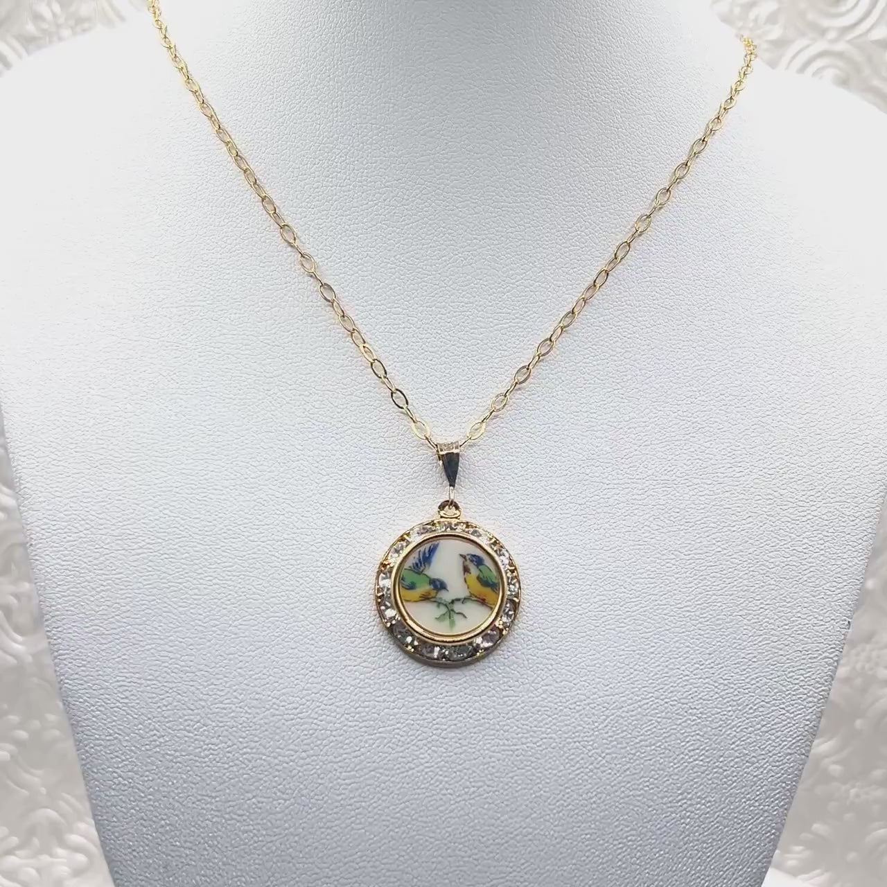 Romantic 18th Anniversary Gift for Wife, Love Birds Crystal Necklace, Dainty Porcelain Jewelry