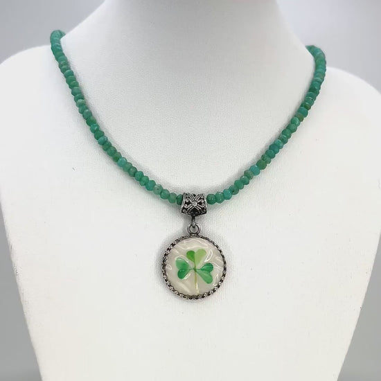 One-of-a-Kind Necklace, Irish Belleek Shamrock Jewelry, Sterling Silver and Amazonite