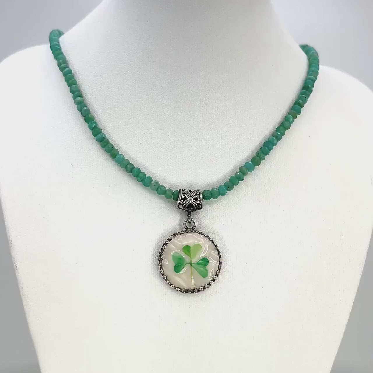 One-of-a-Kind Necklace, Irish Belleek Shamrock Jewelry, Sterling Silver and Amazonite