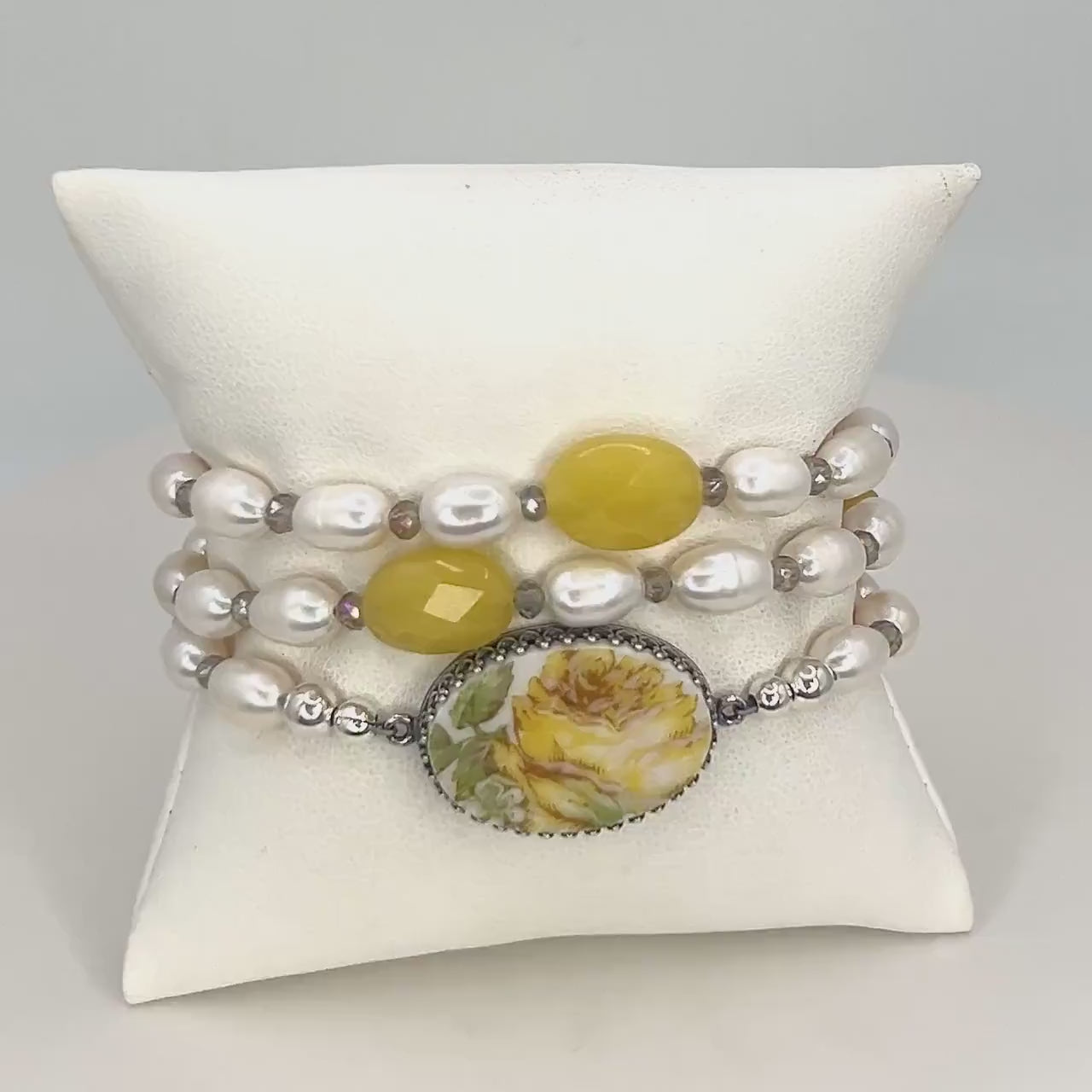 Yellow Rose Friendship Flower, Pearl & Jade Beaded Wrap Bracelet, Porcelain Gift for Friend