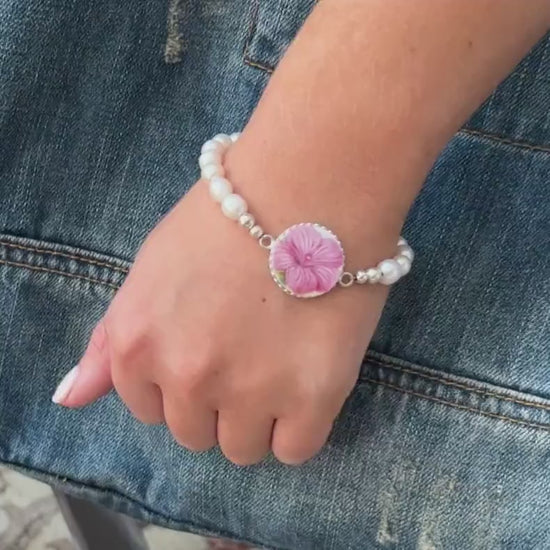 Pink Hibiscus Hawaiian Flower Pearl Bracelet, Broken China Jewelry, Tropical Beach Wedding, Hawaii Gifts for Women
