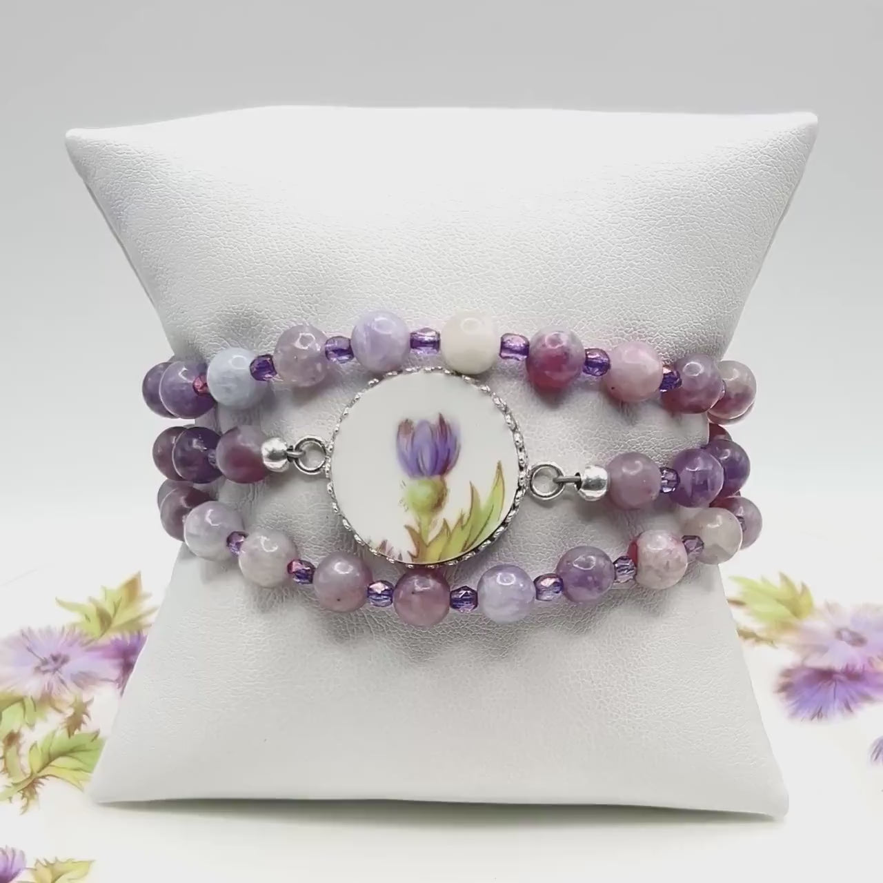 Thistle Wrap Bracelet, Scottish Thistle Broken China Jewelry, Gemstone