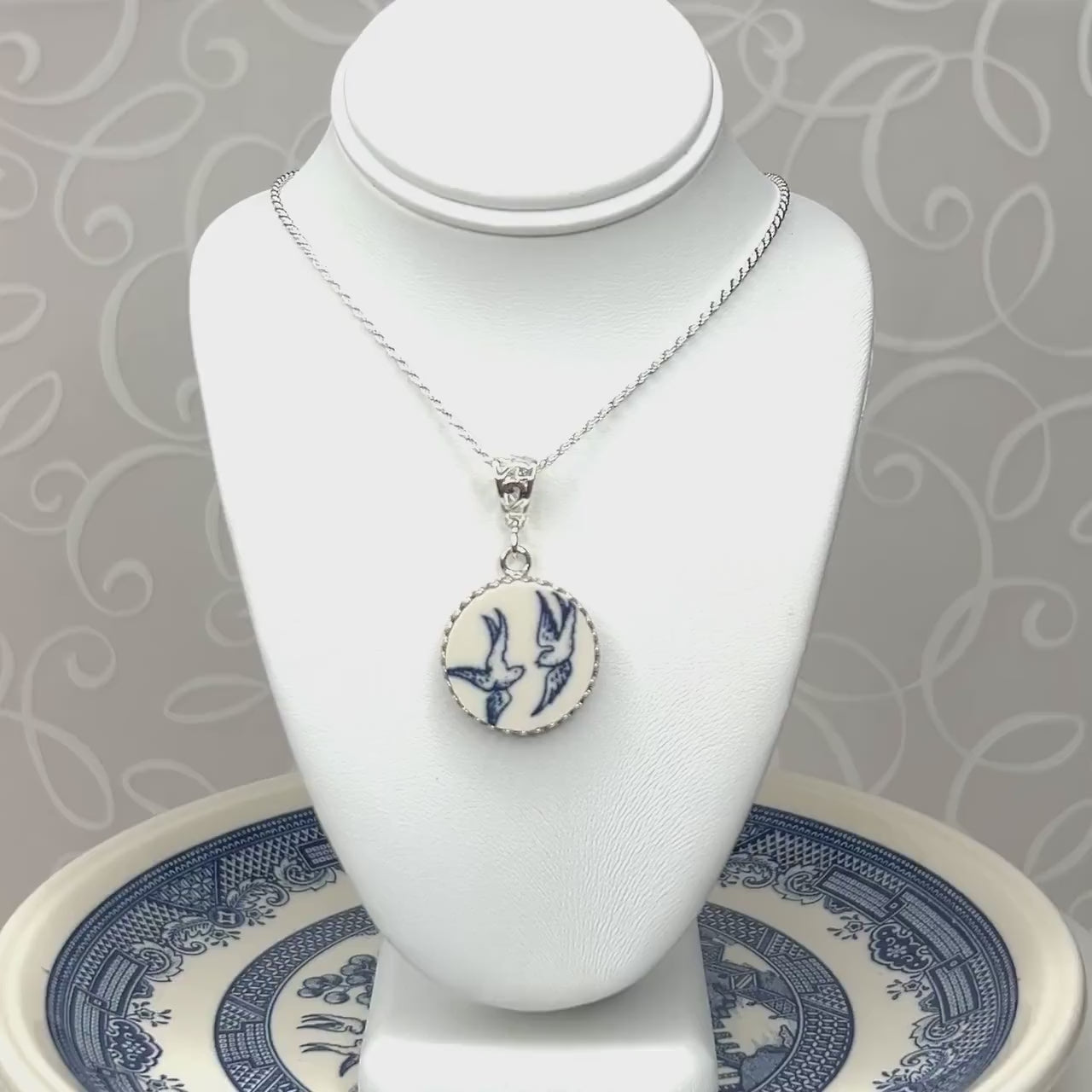 Love Birds Vintage Blue Willow Ware China Necklace, Romantic 20th Anniversary Gift for Wife, Broken China Jewelry, Sterling Silver Jewelry