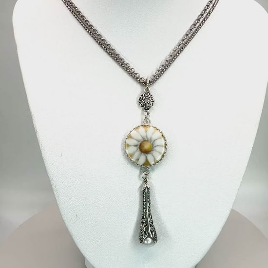 18th Anniversary Gift For Wife, Antique Porcelain Button, Long Handmade Pearl Necklace, Sterling Silver Button Jewelry