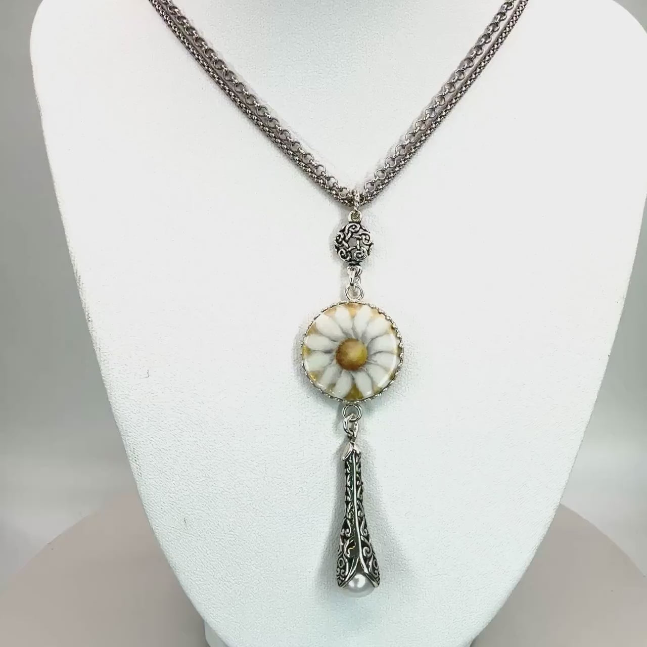 18th Anniversary Gift For Wife, Antique Porcelain Button, Long Handmade Pearl Necklace, Sterling Silver Button Jewelry