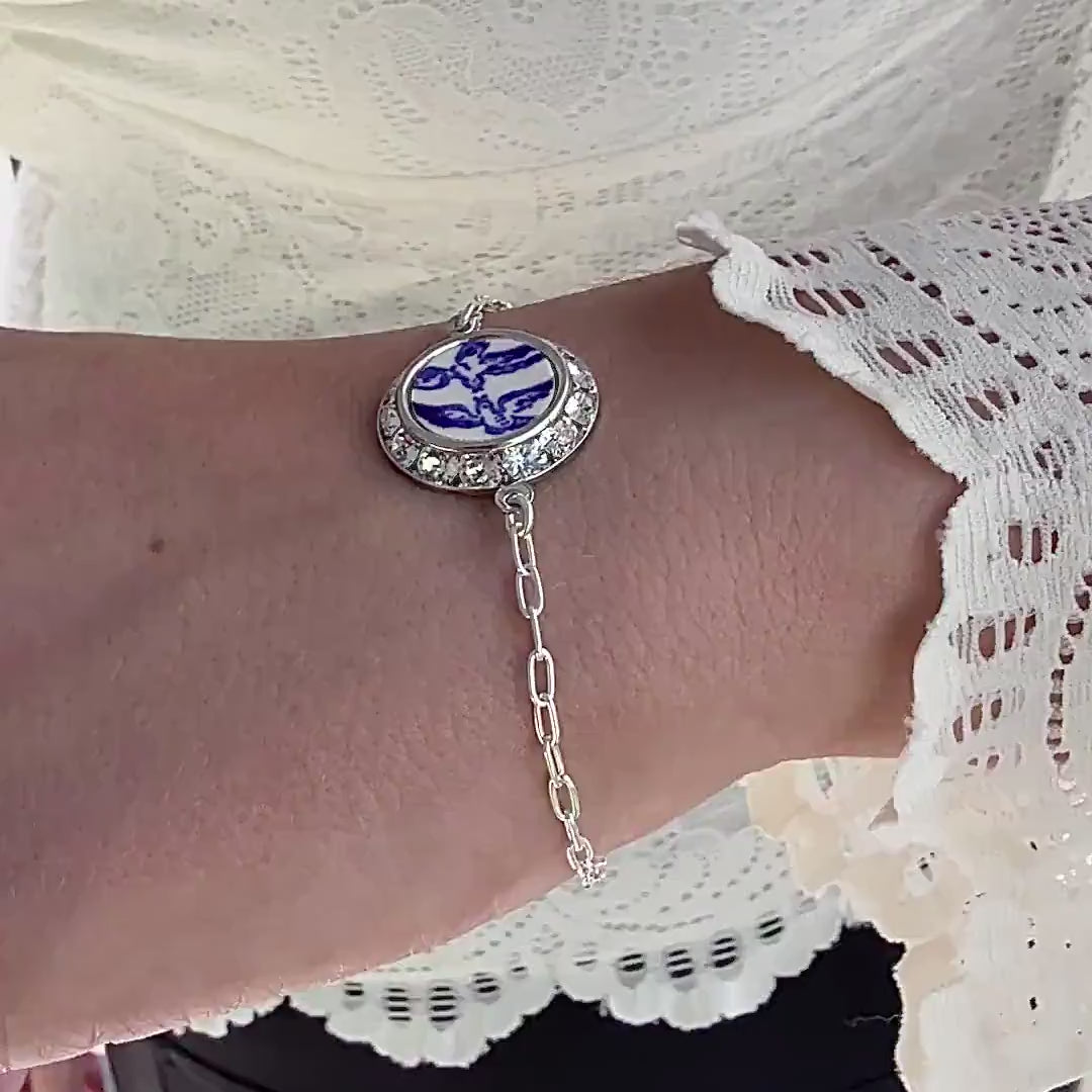 Dainty Graduation Gift for Girl/Girlfriend, Forget Me Not Vintage China, Adjustable Bracelet, Sterling Silver Jewelry for Her