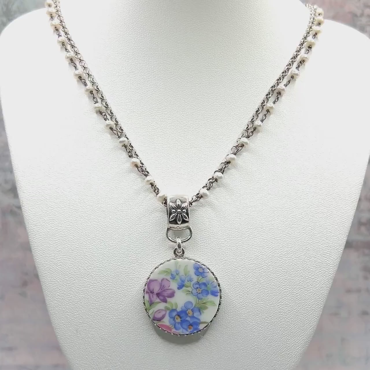 Forget Me Not Flower Necklace, Sterling Silver Pearl and Porcelain Jewelry, Anniversary Gifts for Wife