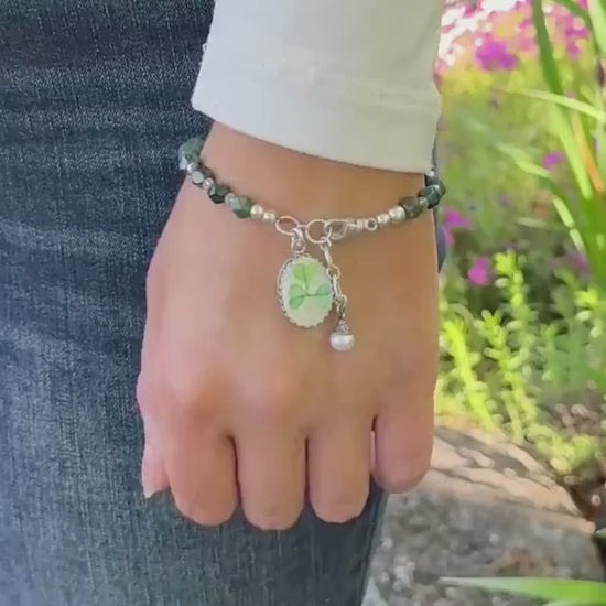 Sterling Silver Irish Belleek  Bracelet, Broken China Jewelry, Shamrock Clover Charm