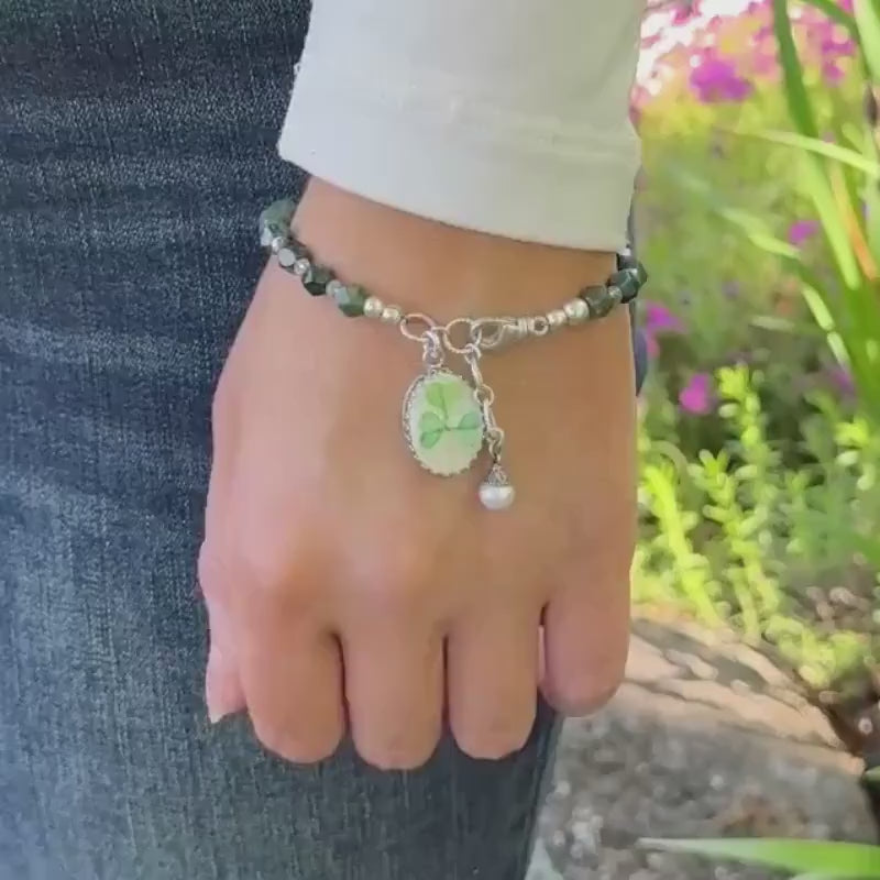 Sterling Silver Irish Belleek  Bracelet, Broken China Jewelry, Shamrock Clover Charm