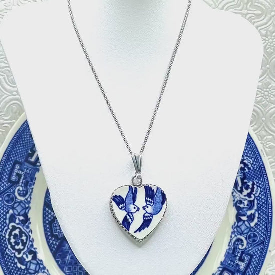 Love Birds Broken China Jewelry Necklace, 9th Anniversary Gift for Wife, Blue Willow Heart Necklace