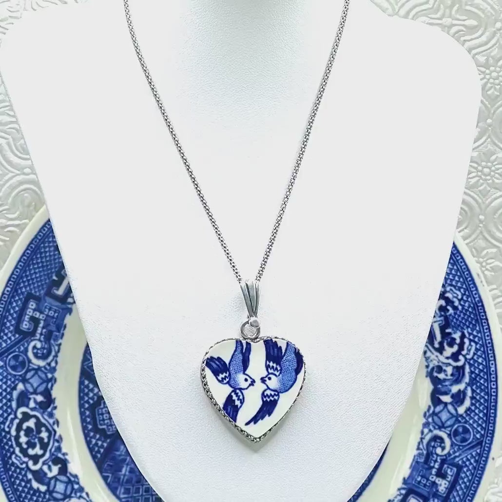 Love Birds Broken China Jewelry Necklace, 9th Anniversary Gift for Wife, Blue Willow Heart Necklace