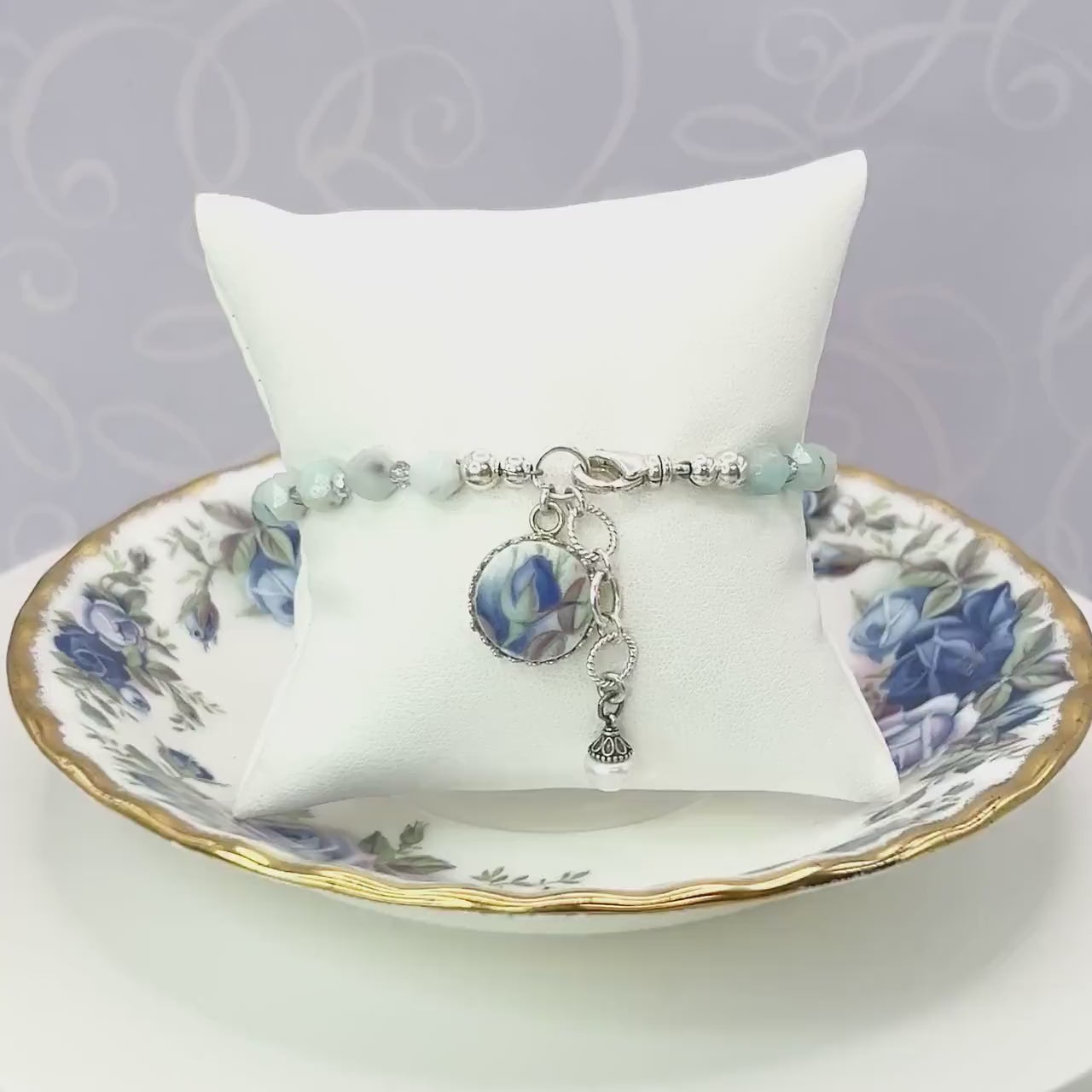 Vintage Blue Rose Charm Bracelet, Royal Albert Moonlight Rose Broken China Jewelry, Romantic 18th and 20th Anniversary Gifts, Amazonite