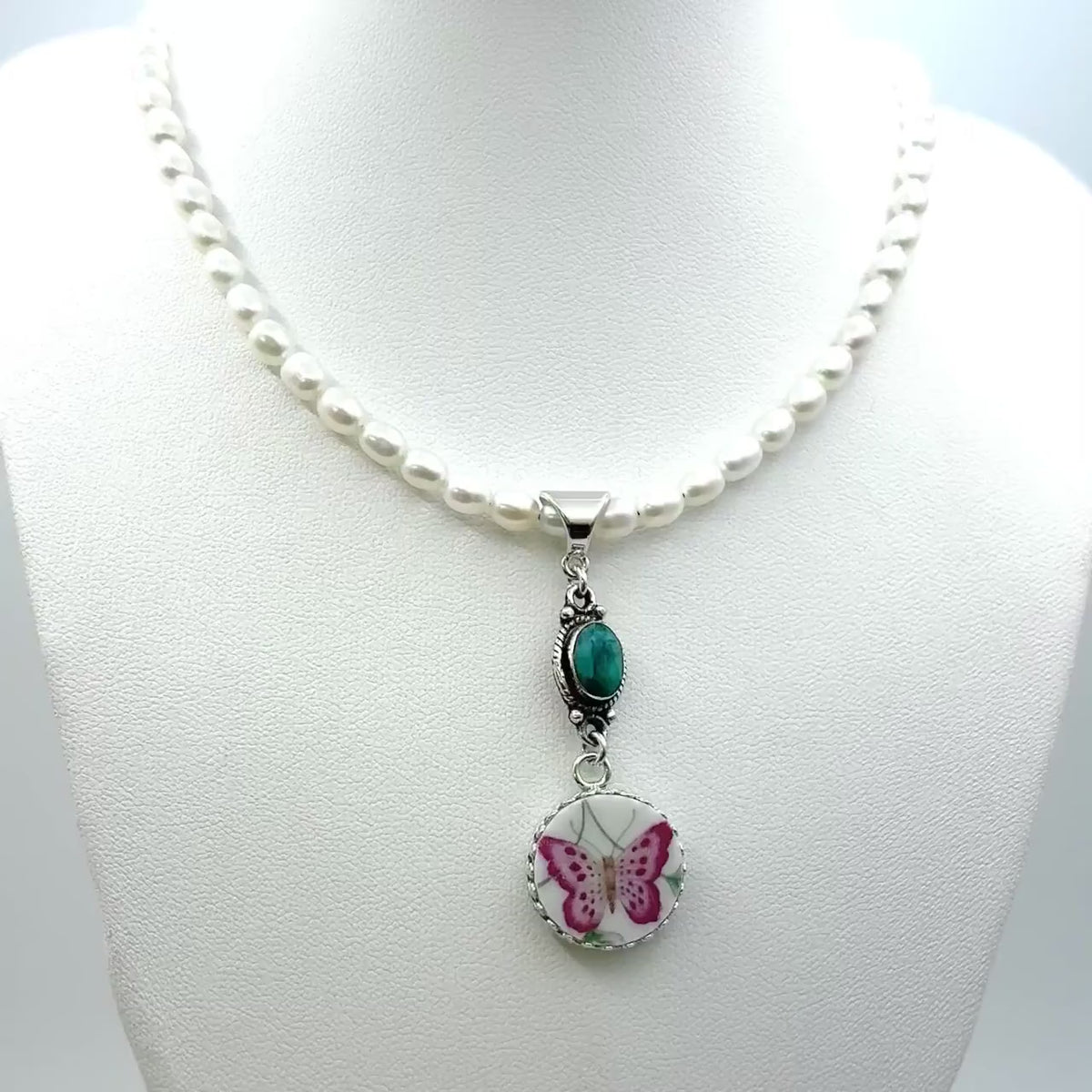 20th Anniversary Gift: Sterling Silver Pearl Necklace with Emerald & China Butterfly Pendant