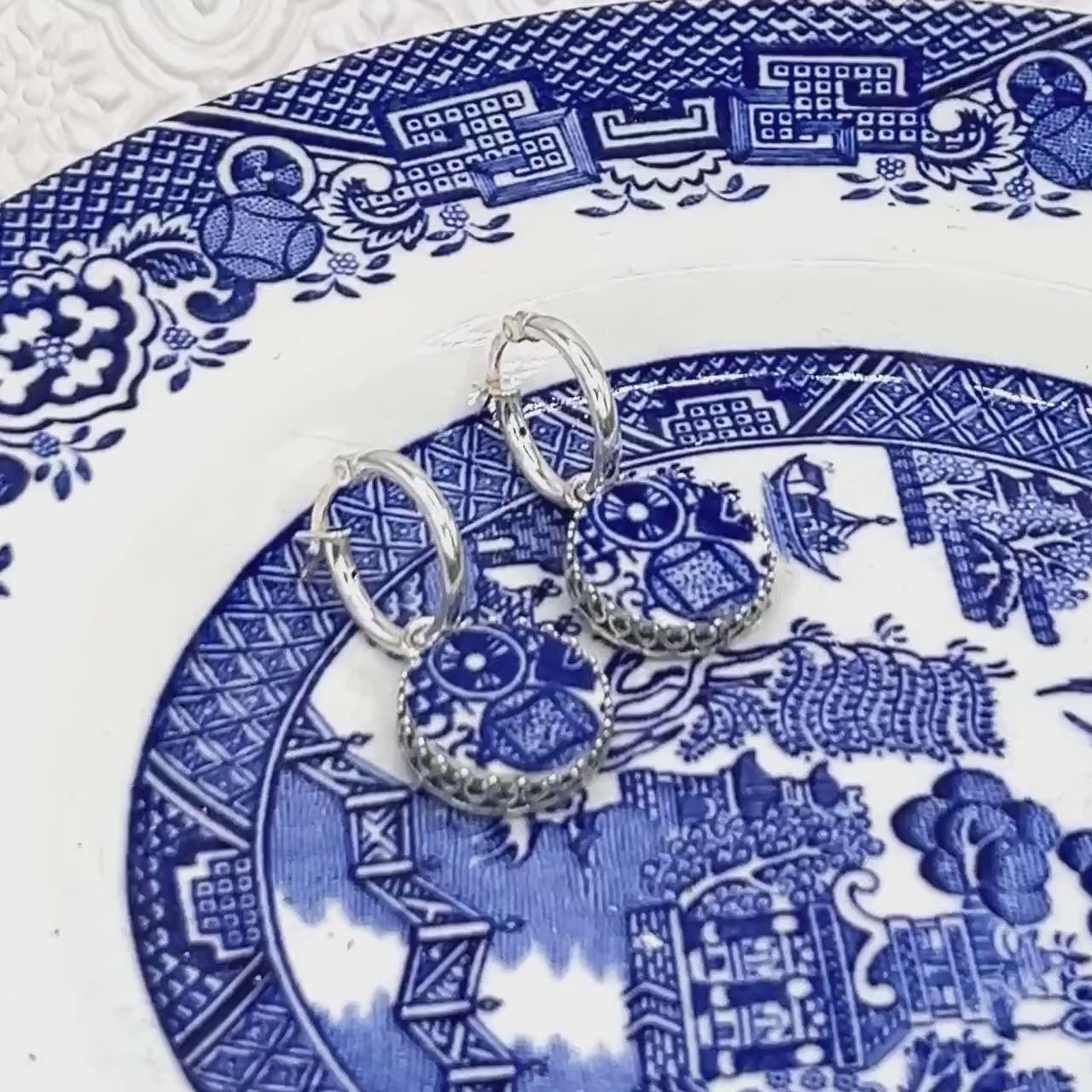 Blue Willow China Jewelry, Dainty Sterling Silver Hoop Earrings, Gifts for Mom