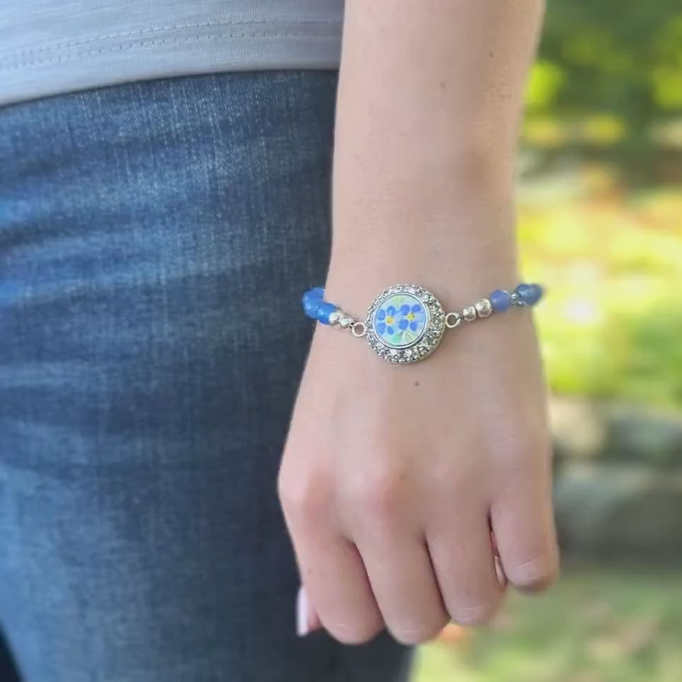Forget Me Not China Bracelet & Earrings, 20th Anniversary Gift for Wife, Vintage Broken China Jewelry Set, Blue Flower Aquamarine Jewelry
