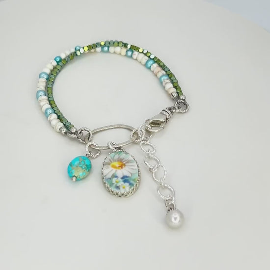 Daisy China Turquoise Bracelet, Unique 18th and 20th Anniversary Gift for Wife, Porcelain Broken China jewelry
