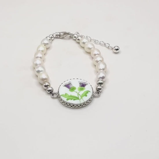 Purple Thistle Pearl Bracelet, Celtic Jewelry, Scottish Wedding, Gifts for Her, Aynsley China